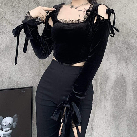 Dark Design Lace Vest Flared Sleeve Long Sleeve T-shirt - Anagoc