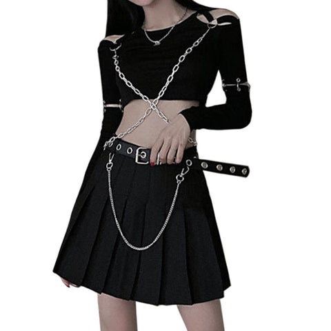 Dark Punk Personality Chain T-Shirt Pleated Skirt Two-Piece Set - Anagoc