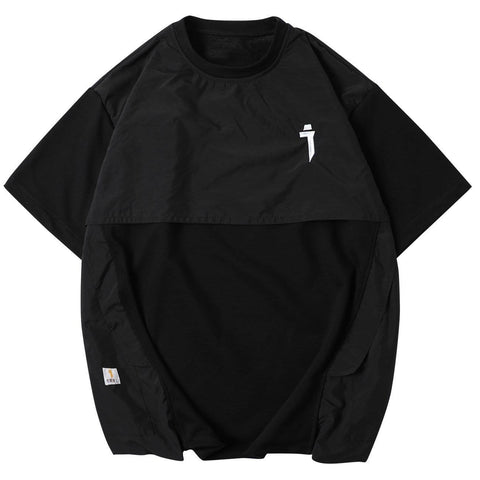 Fake Two Zipper Embroidery Decorative Pocket Tee - Anagoc