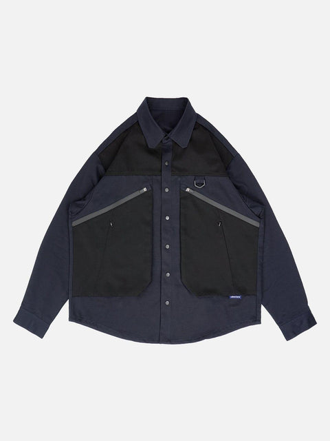 Patchwork Big Pockets Long Sleeve Shirt - Anagoc
