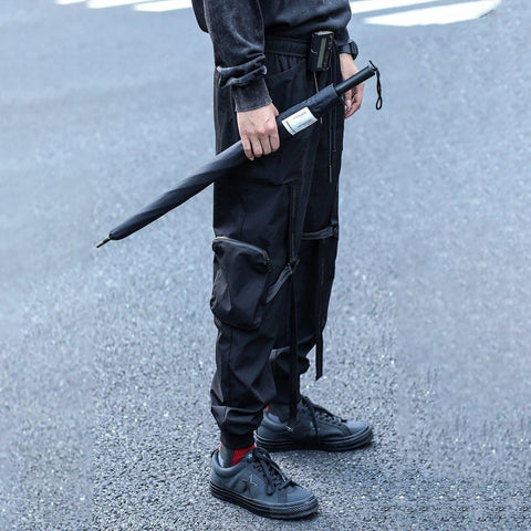 Combat Zipper Pockets Ribbons Cargo Pants - Anagoc