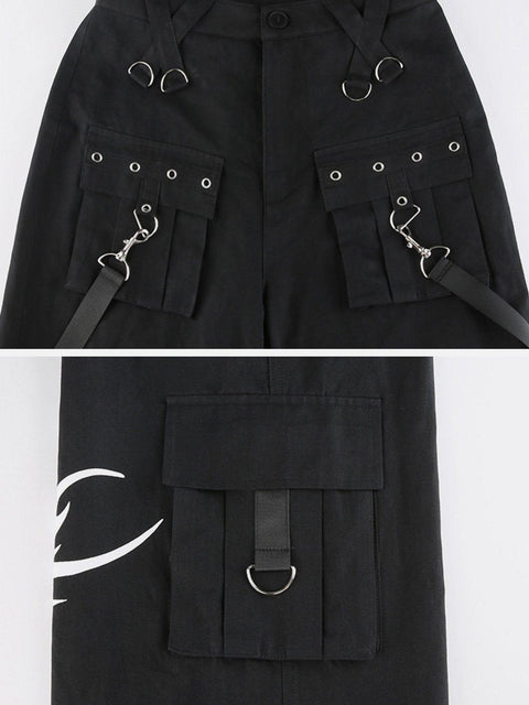 Dark Print Rivet Ribbons Pants - Anagoc