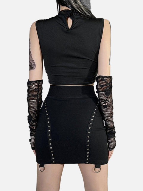 Skull Mesh Lace Cuff Shirt - Anagoc