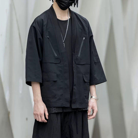 Dark Functional Half Sleeve Multi-pocket Cardigan Jacket - Anagoc