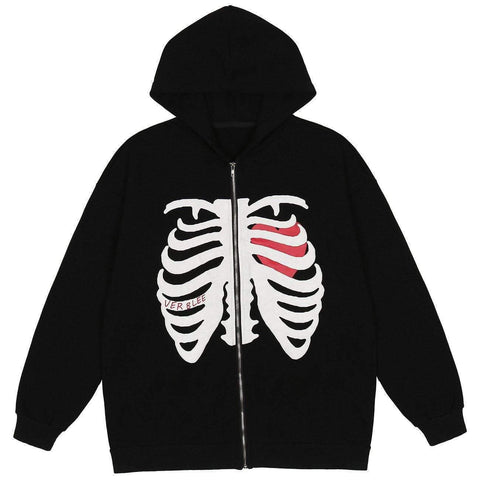 Heart Skull Pattern Zipper Hoodie - Anagoc