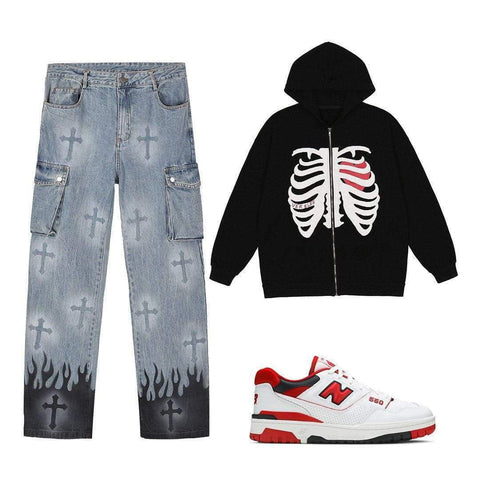 Heart Skull Pattern Zipper Hoodie - Anagoc