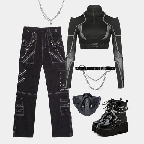 Techwear Mesh Buckle Cropped Long Sleeve T-Shirt - Anagoc