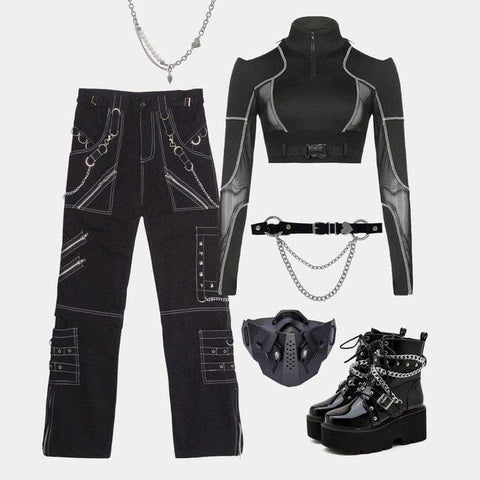 Techwear Mesh Buckle Cropped Long Sleeve T-Shirt - Anagoc