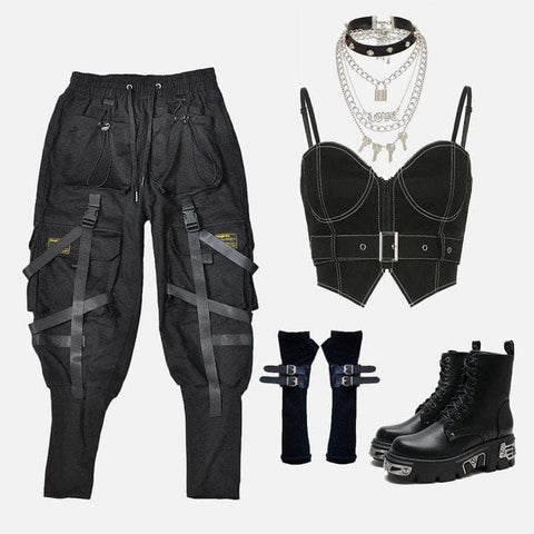 Webbing Dark Black Pants - Anagoc