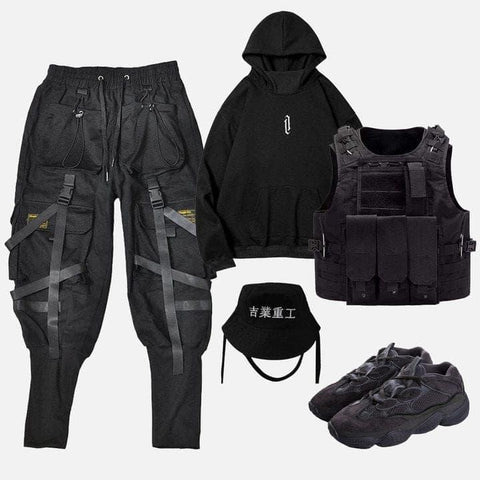 Webbing Dark Black Pants - Anagoc