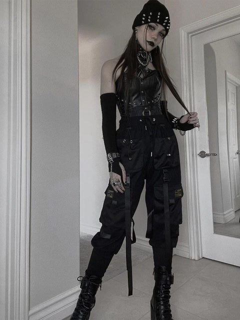Webbing Dark Black Pants - Anagoc