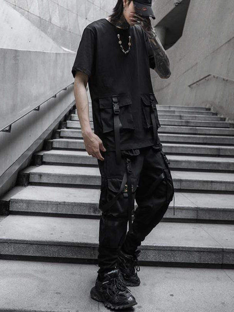 Webbing Dark Black Pants - Anagoc