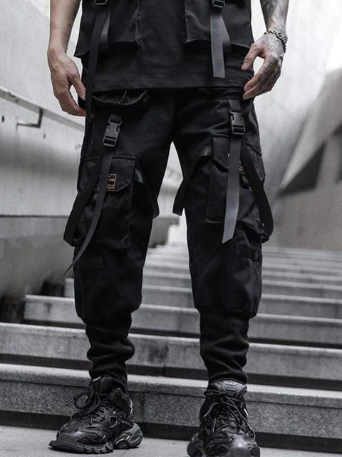Webbing Dark Black Pants - Anagoc