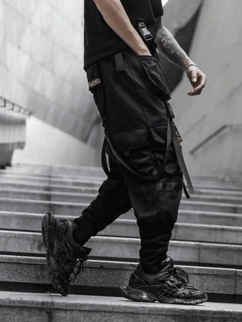Webbing Dark Black Pants - Anagoc