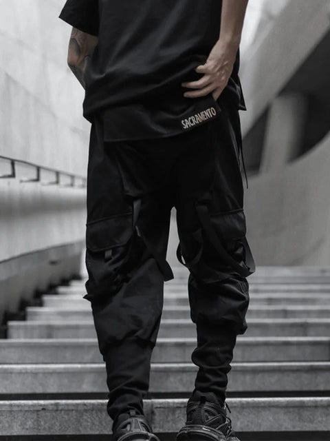 Webbing Dark Black Pants - Anagoc