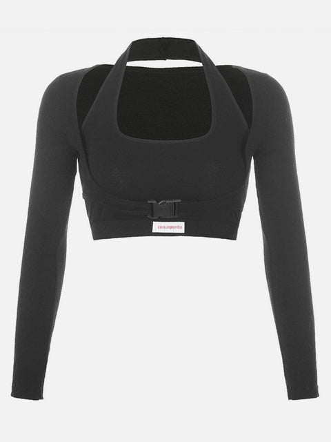Sexy Fake Two Letter Print Buckle Long Sleeve Crop T Shirt - Anagoc