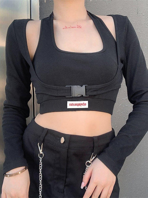 Sexy Fake Two Letter Print Buckle Long Sleeve Crop T Shirt - Anagoc