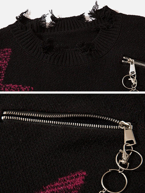 Irregular Ripped Skeleton Zipper Chain Knit Sweater - Anagoc