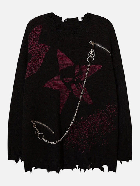 Irregular Ripped Skeleton Zipper Chain Knit Sweater - Anagoc