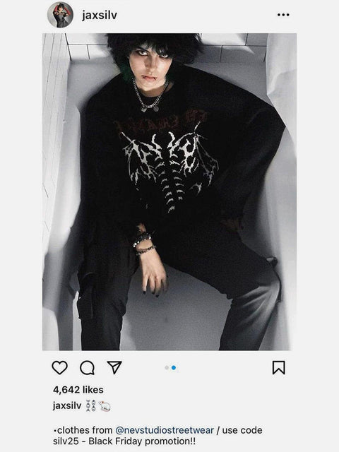 Dark Ripped Skeleton Letters Print Oversized Sweater - Anagoc