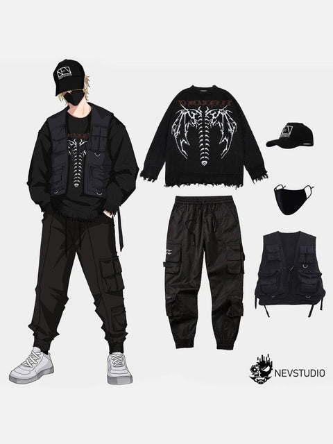 Dark Ripped Skeleton Letters Print Oversized Sweater - Anagoc