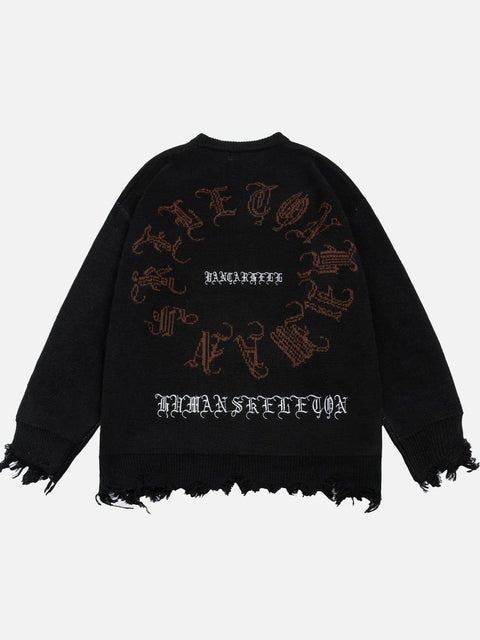 Dark Ripped Skeleton Letters Print Oversized Sweater - Anagoc