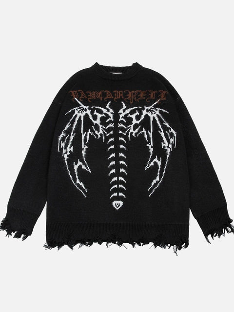 Dark Ripped Skeleton Letters Print Oversized Sweater - Anagoc