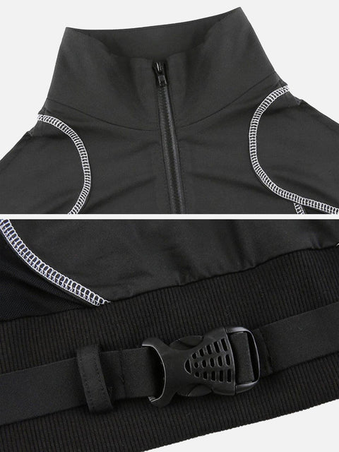 Techwear Mesh Buckle Cropped Long Sleeve T-Shirt - Anagoc