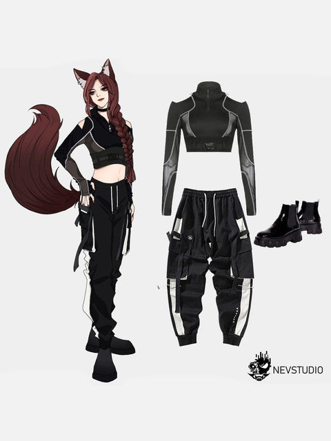 Techwear Mesh Buckle Cropped Long Sleeve T-Shirt - Anagoc