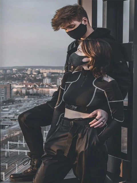 Techwear Mesh Buckle Cropped Long Sleeve T-Shirt - Anagoc