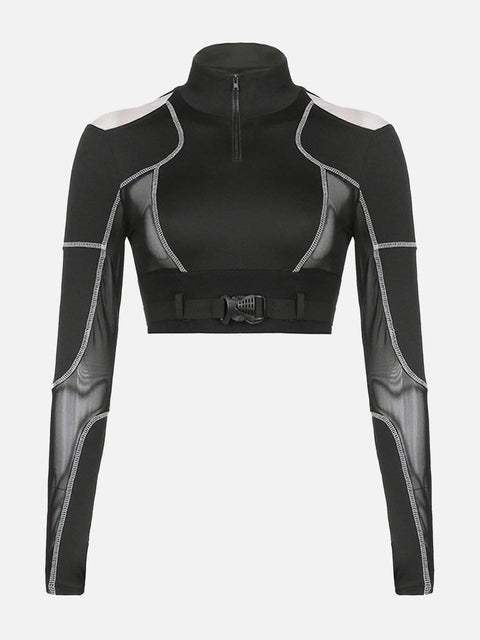 Techwear Mesh Buckle Cropped Long Sleeve T-Shirt - Anagoc