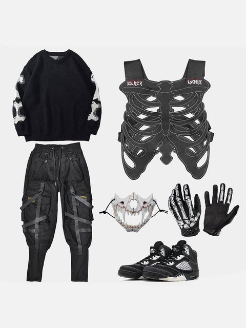 Techwear Embroidery Skeleton PU Vest - Anagoc