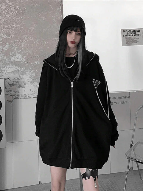 Dark Fold-eared Rabbit Chain Zip Up Hoodie - Anagoc