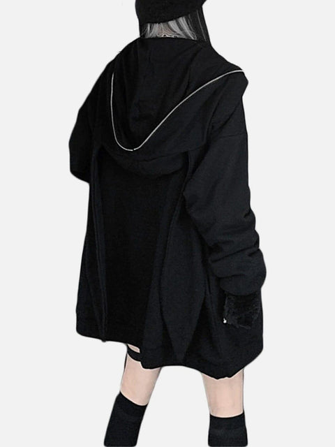 Dark Fold-eared Rabbit Chain Zip Up Hoodie - Anagoc