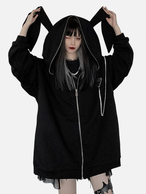Dark Fold-eared Rabbit Chain Zip Up Hoodie - Anagoc