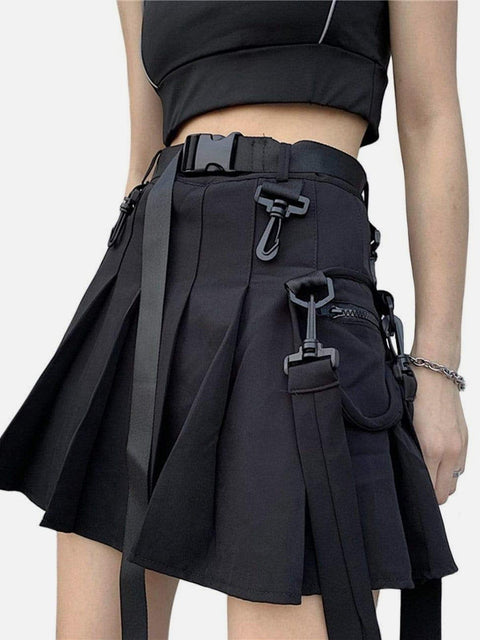 Techwear Personality Belt High Waist Pleated Skirt - Anagoc
