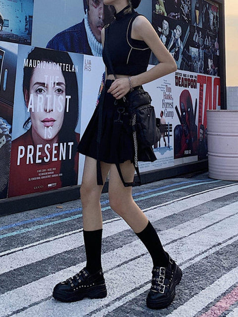 Techwear Personality Belt High Waist Pleated Skirt - Anagoc